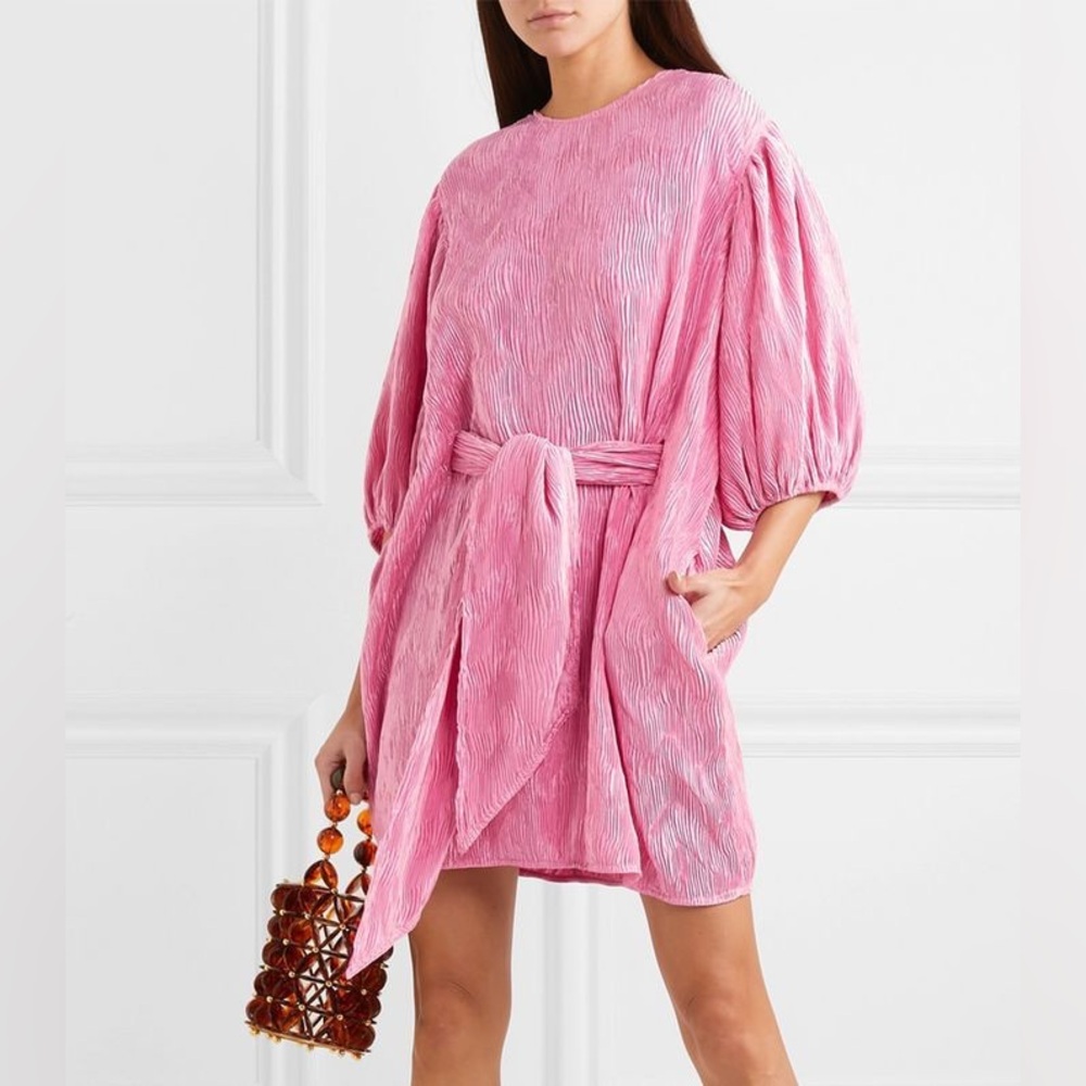 GANNI
Belted Plissé-Satin Mini Dress